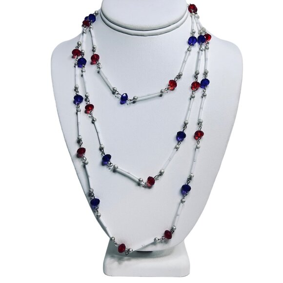 Unbranded Jewelry - Single Strand Silver Tone, Red, White & Blue Beaded Necklace (5480)